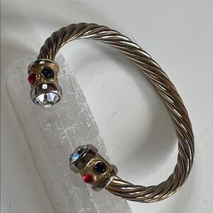 Vintage Gold Tone Cable Bracelet Bangle Cuff Cabochons Colorful Faceted Jewels